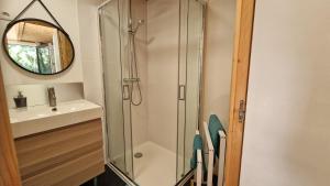 a bathroom with a shower and a sink and a mirror at Ty ar C'hoad in Sulniac