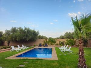 a yard with a pool and chairs and a palm tree at Villa du bonheur Chambres d'hote in Ouled el guerne