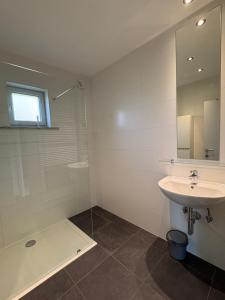 a white bathroom with a sink and a mirror at De 50 Steenbrugge in Oostkamp