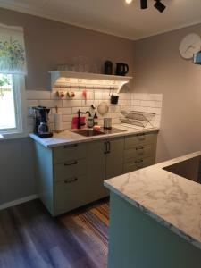a kitchen with a sink and a counter top at Stuga vad vatten in Åsarp +12 photos