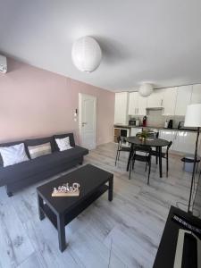 a living room with a couch and a table at Douce Escale, climatisé, 15 min de Strasbourg in Strasbourg
