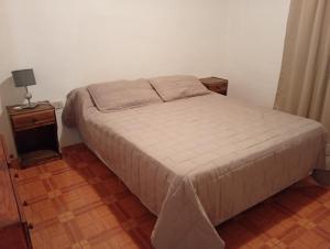 a bedroom with a bed and a night stand with a lamp at Casa VYB in Malargüe