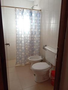 a bathroom with a toilet and a shower curtain at Casa VYB in Malargüe