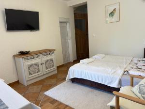 a bedroom with a bed and a tv on the wall at Agroturystyka Pod Kogutkiem in Czysta