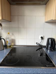 a kitchen counter with a stove top in a kitchen at Gemütlicher Aufenthalt mit Netflix & perfekter Anbindung! in Elmshorn
