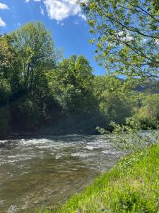 a river with trees on the side of it at Apartman Elma in Jajce +30 photos
