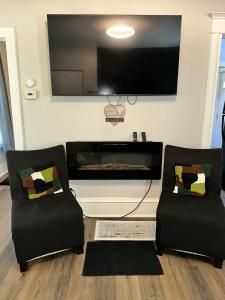 a living room with two chairs and a flat screen tv at Tranquil studio oasis in Minneapolis