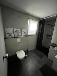 a small bathroom with a toilet and a shower at Ferienwohnung zum Kriegerdenkmal in Alzey