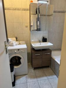 a bathroom with a washing machine and a sink at Leo Stay in Leopoldsdorf +26 photos