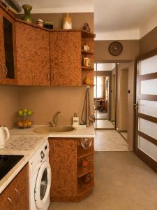 a kitchen with a sink and a washing machine at Arāja apartamenti in Kuldīga