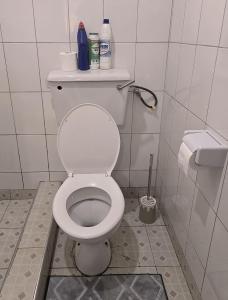 a bathroom with a toilet with cleaning products on it at MildVille Apartments in Hoima +24 photos