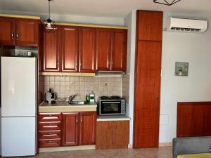a kitchen with wooden cabinets and a microwave at Thetis I in Alexandroupoli