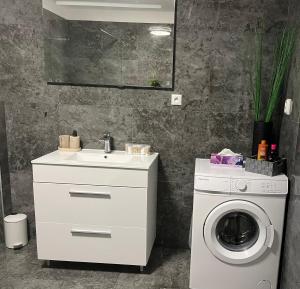 a bathroom with a washing machine and a sink at Apartment AFRODITA Trnava - Historic centre in Trnava +28 photos