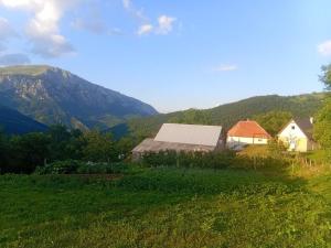 a house in a field with mountains in the background at Seosko domaćinstvo Aprcović in Plužine