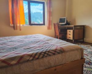 a bedroom with a bed and a desk and a window at Vila close to Bran Castle in Moieciu de Jos
