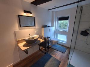 a bathroom with a sink and a toilet at Landliebe in Blomberg +34 photos