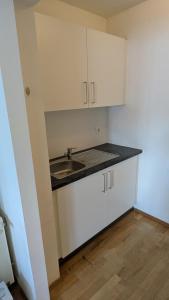 a kitchen with white cabinets and a sink at Tor zur Weinstrasse, Smart & Einfach in Leibnitz