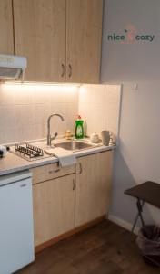 a kitchen with a sink and a counter top at Nice and Cozy Apartments in Néa Khilí +4 photos