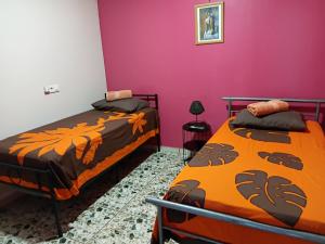 two beds in a room with purple walls at CHEZ ALIZHIA in Nuku Hiva