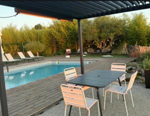 a patio with a table and chairs next to a pool at Le Coucher de Soleil Spa in Bessens