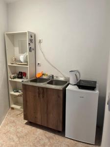 a small kitchen with a sink and a refrigerator at Obala Ineks in Sutomore