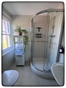 a bathroom with a shower and a sink at Britmead Guesthouse in West Bay