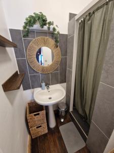 a bathroom with a sink and a mirror at COTTAGE - Utopy Hostel in Capbreton