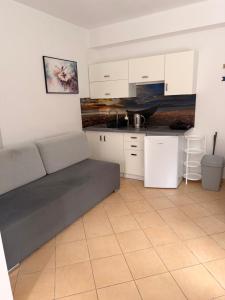 a living room with a couch and a kitchen at Słoneczne Ranczo Rowy in Rowy +33 photos
