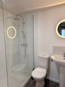 a bathroom with a shower and a toilet and a sink at Le Cocon des pierres du Jaur in Saint-Pons-de-Thomières