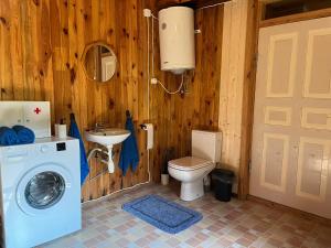 a bathroom with a washer and a toilet and a sink at Ūbelītes in Pērkone