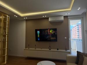 a living room with a flat screen tv on the wall at Apartman Daniela Lake View in Donje Mladice