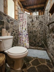 a bathroom with a toilet and a shower curtain at Bambu Guest House in Tzununá