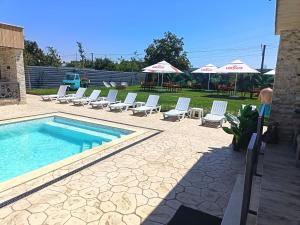 a swimming pool with lounge chairs and a group ofatoes at Casa Sofia in Târgu Jiu