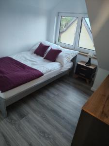 a bed with purple pillows in a room with windows at Domki u Ewy in Spychowo