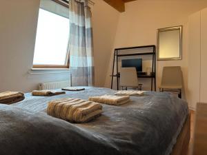 a bedroom with two large beds and a window at Helles Maisonette Apartment, Balkon, all-in 5G in Gera