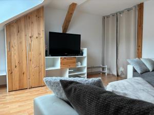 a living room with a couch and a tv at Helles Maisonette Apartment, Balkon, all-in 5G in Gera