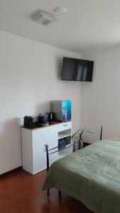 a bedroom with a bed and a tv on the wall at Alpina Sanico in Toscolano Maderno