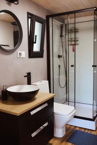 a bathroom with a sink and a toilet and a shower at Sasinko Mini in Sasino +27 photos