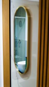 a bathroom mirror with a toilet and a shower at Chalet du calme Augsburg in Augsburg +25 photos
