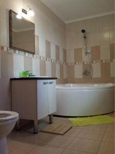 a bathroom with a tub and a sink and a toilet at Apartamente Mitu in Eforie Nord