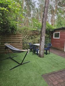 a hammock and chairs in a yard with a tree at Sosnowa Ostoja Jurata in Jurata +9 photos