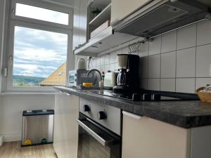a kitchen with a counter top and a window at Ruhiger Flussblick vom Balkon all-in 5G in Gera