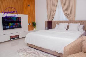 a bedroom with a large bed and a tv at Valentinos Appartement Prestige in Agbodrafo +21 photos