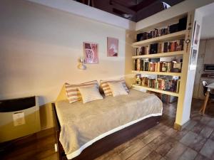 a bedroom with a bed with pillows and a book shelf at Loft Helena - acogedor, completo y céntrico in Jesús María