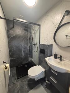 ein Badezimmer mit Dusche, Toilette und Waschbecken in der Unterkunft Bustryk 33 in Bustryk + 50 Fotos