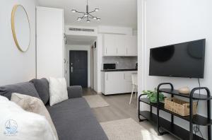 a living room with a couch and a flat screen tv at B-Two10 in Balatonlelle