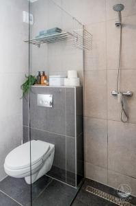a bathroom with a toilet and a glass shower at B-Two10 in Balatonlelle +17 photos