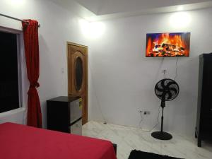 a room with a bed and a fan on the wall at Skyview Palace in Morant Bay