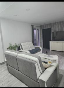 a living room with two couches and a tv at les gîtes de la Colombière 10 personnes in Longvic