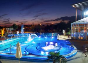 a large swimming pool with a fountain in it at night at Modernes Studio mit Küche, WLAN, Parkplatz in Dingolfing